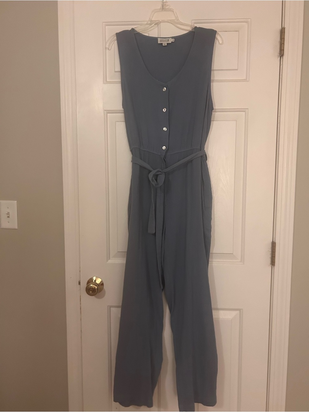Molly Bracken Sleeveless Button-Front Jumpsuit — Slate Blue NWOT